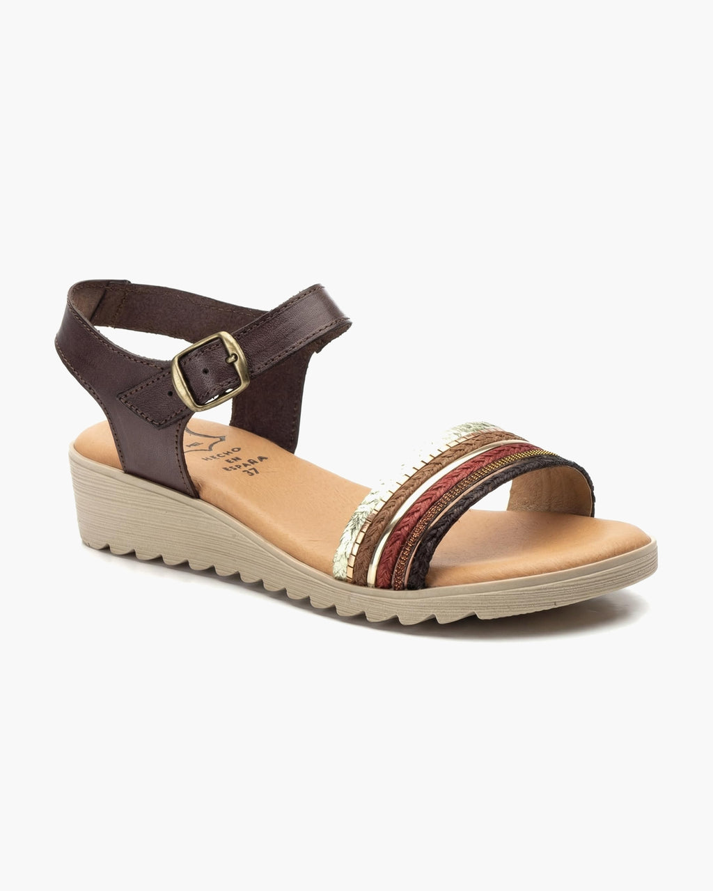 NOESLOMISMO BY DILEMA Sandalias Cómodas de Cuña Baja para Mujer | Tiras Trenzadas Multicolores - Marron