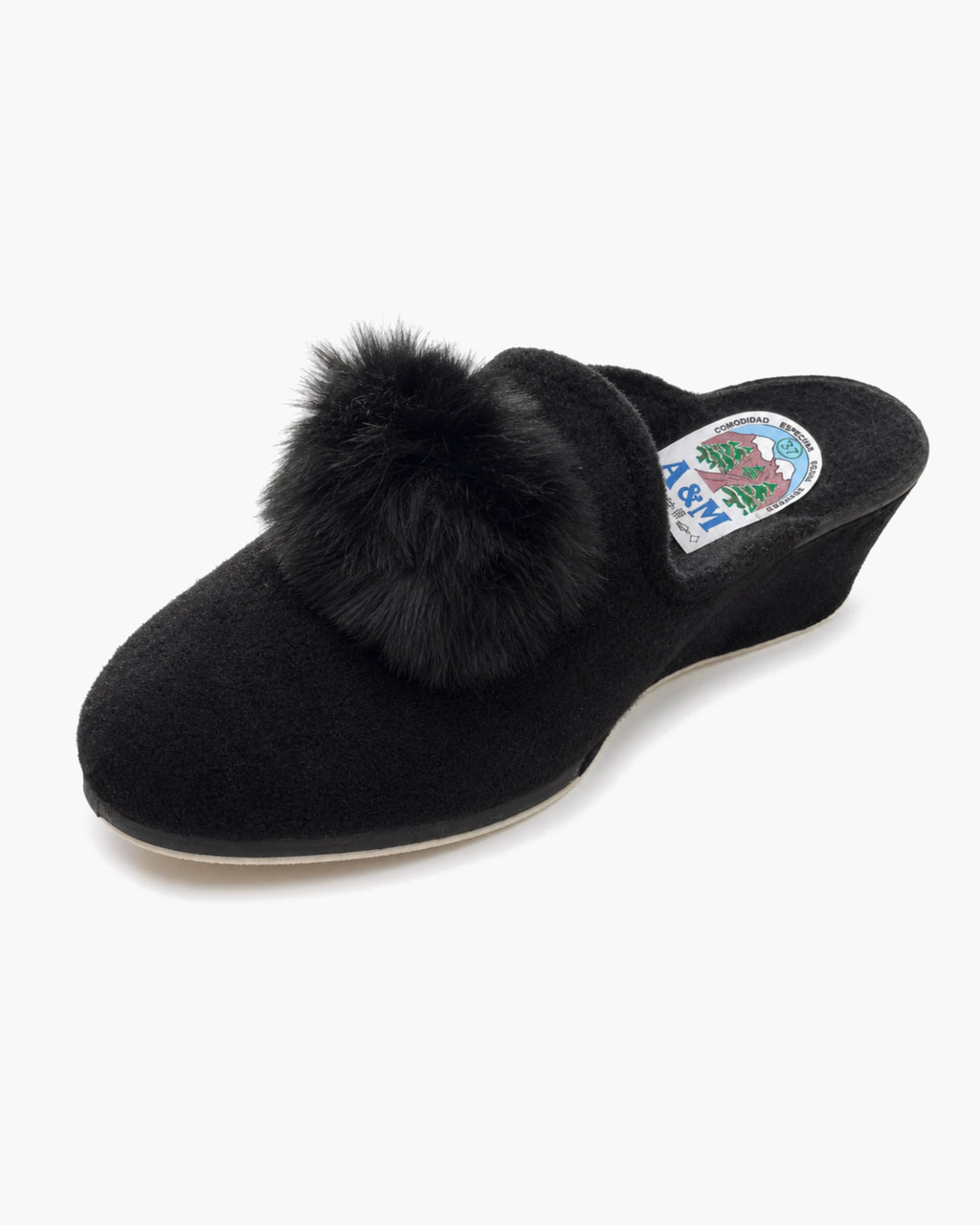 Zapatillas de casa mujer con cuña, abiertas, pompón de pelo, negro - Negro