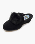 Zapatillas de casa mujer con cuña, abiertas, pompón de pelo, negro - Negro