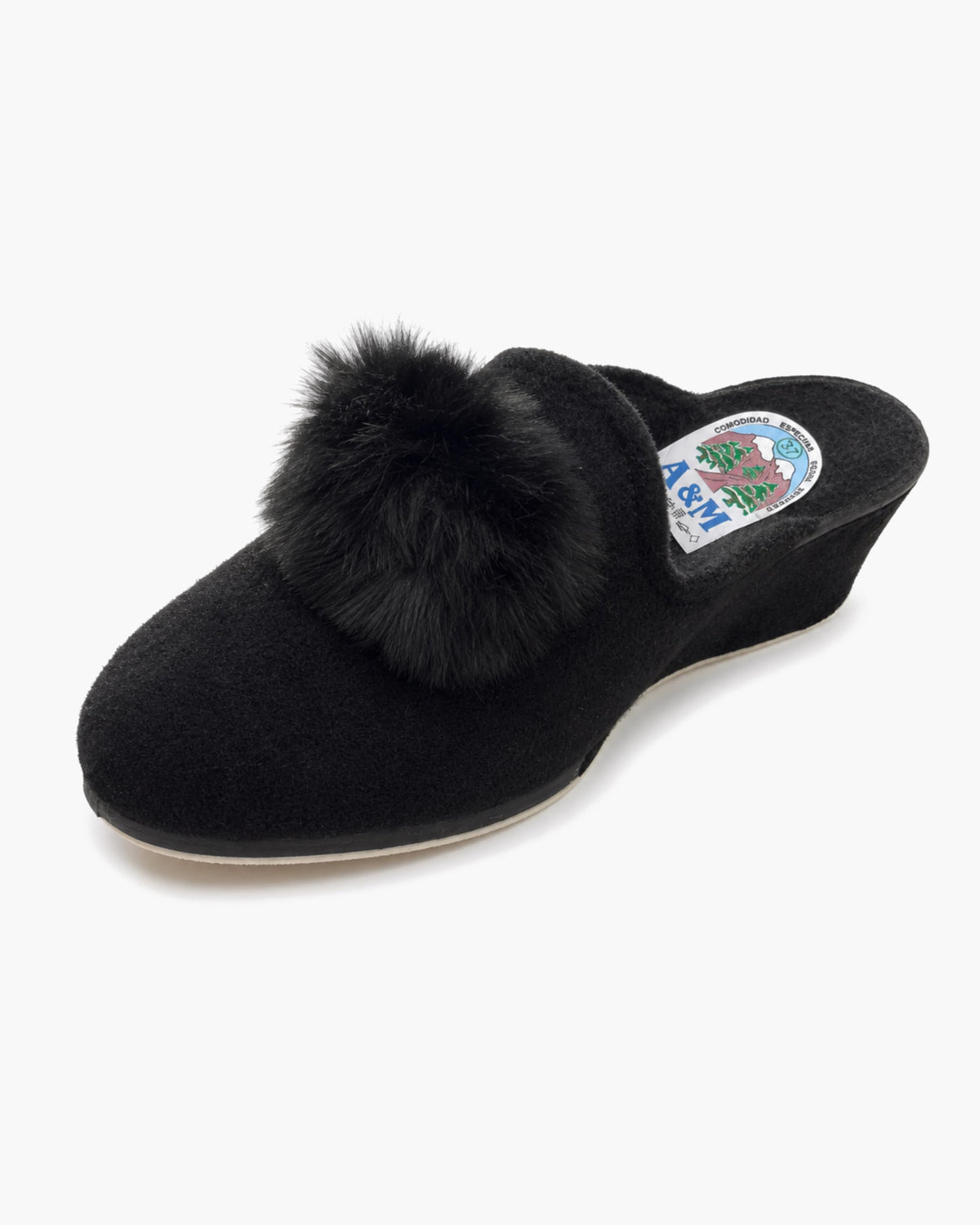 Zapatillas de casa mujer con cuña, abiertas, pompón de pelo, negro - Negro