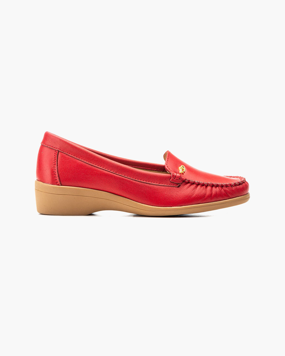 Mocasines de Cuero para Mujer Beige con cuña y Costura Visible - Rojo