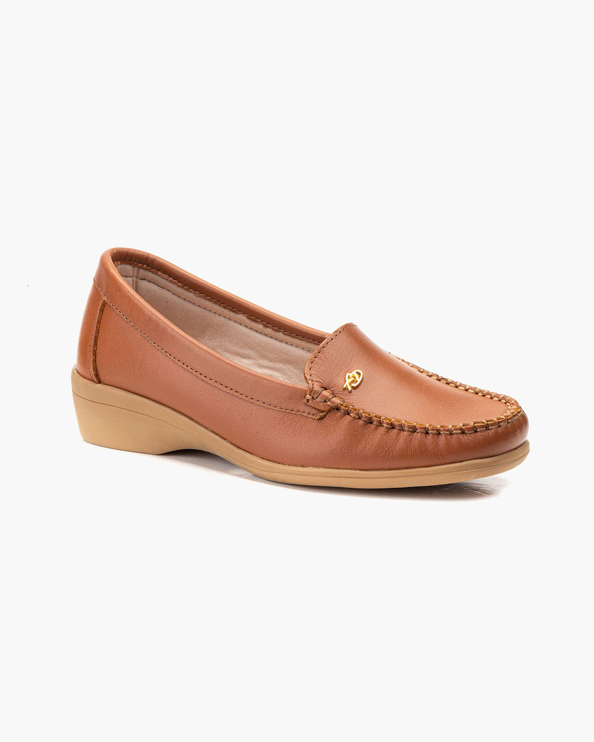 Mocasines de Cuero para Mujer Beige con cuña y Costura Visible - Cuero