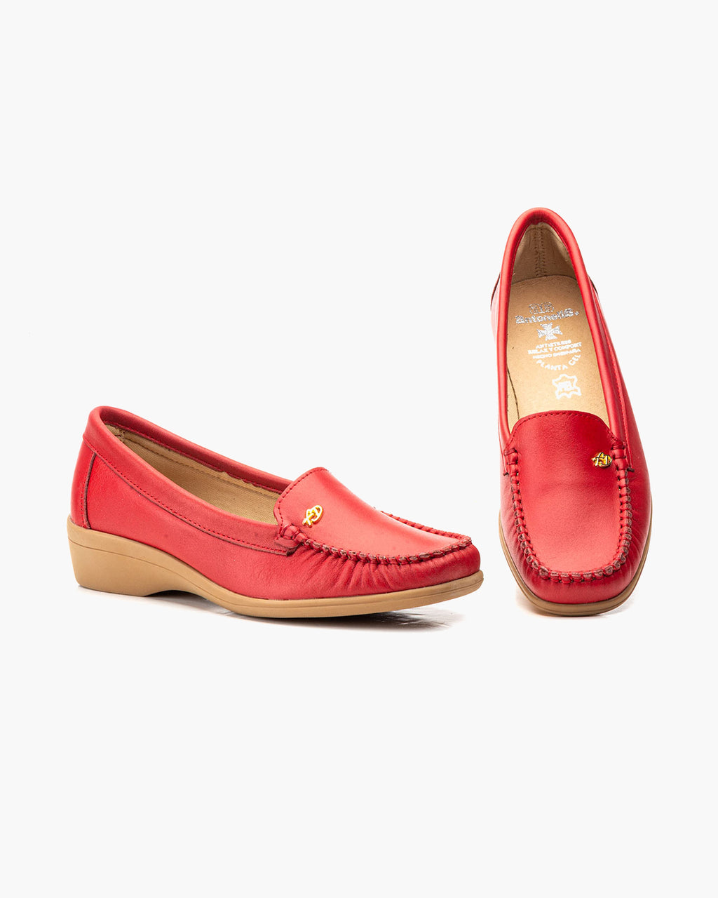 Mocasines de Cuero para Mujer Beige con cuña y Costura Visible - Rojo