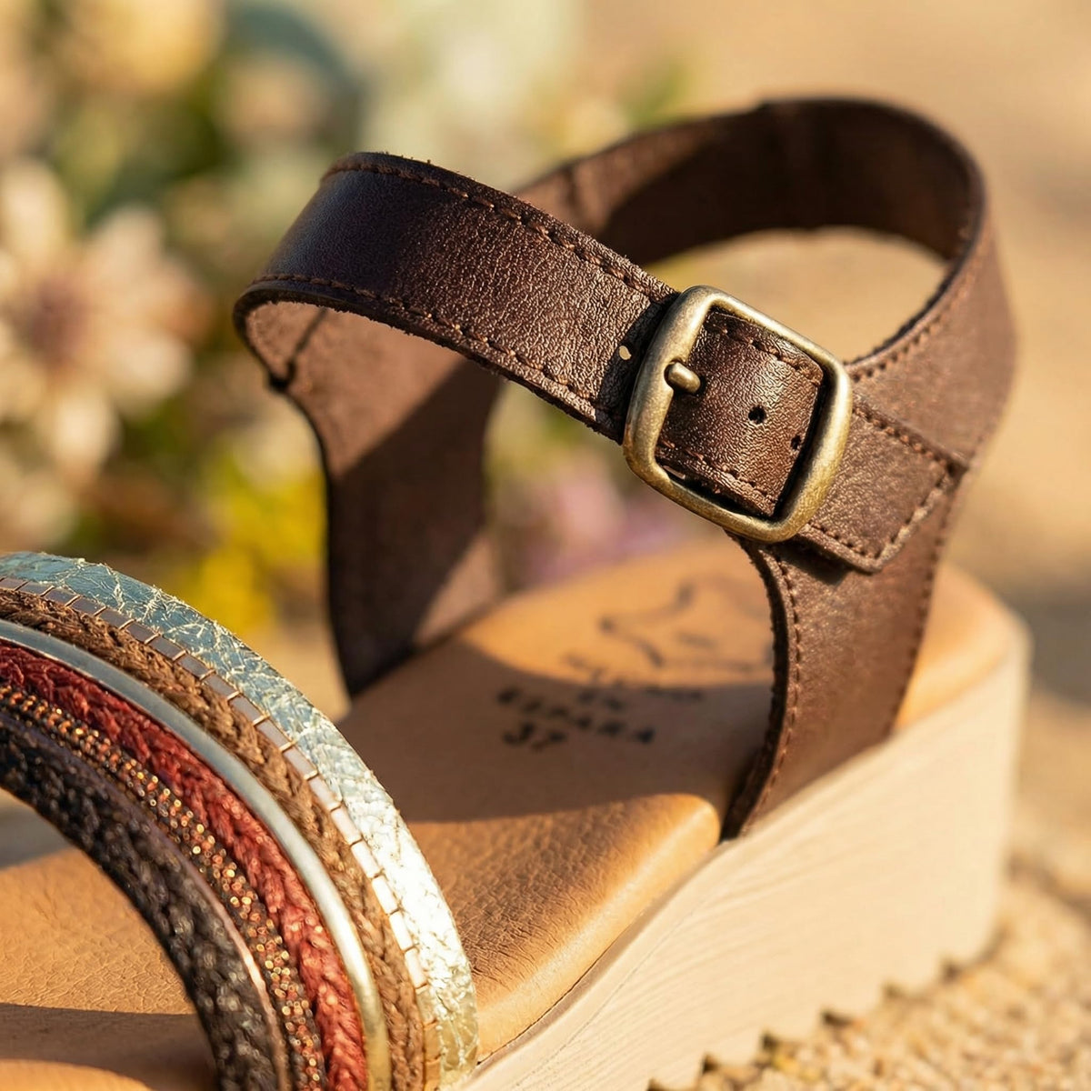 NOESLOMISMO BY DILEMA Sandalias Cómodas de Cuña Baja para Mujer | Tiras Trenzadas Multicolores - Marron