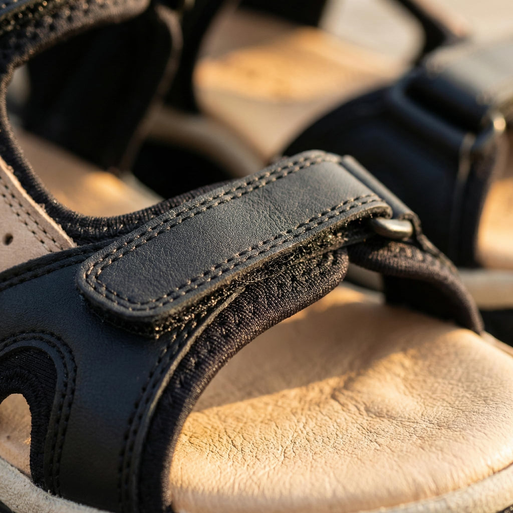 NOESLOMISMO BY DILEMA Sandalias Cangrejeras para Mujer | Cierre de Velcro Ajustable y Suela Antideslizante para Paseos de Verano, Ciudad y Playa | Calzado Ergonómico Fabricado en España - Negro-Taupe