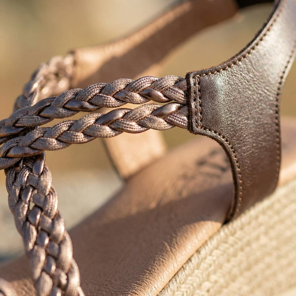 NOESLOMISMO BY DILEMA Sandalias de Cuña de Yute para Mujer Hechas en España - Tiras Trenzadas Metalizadas con Plantilla Ergonómica - Calzado Cómodo y Antideslizante para Uso Diario y Vacaciones - Marrón