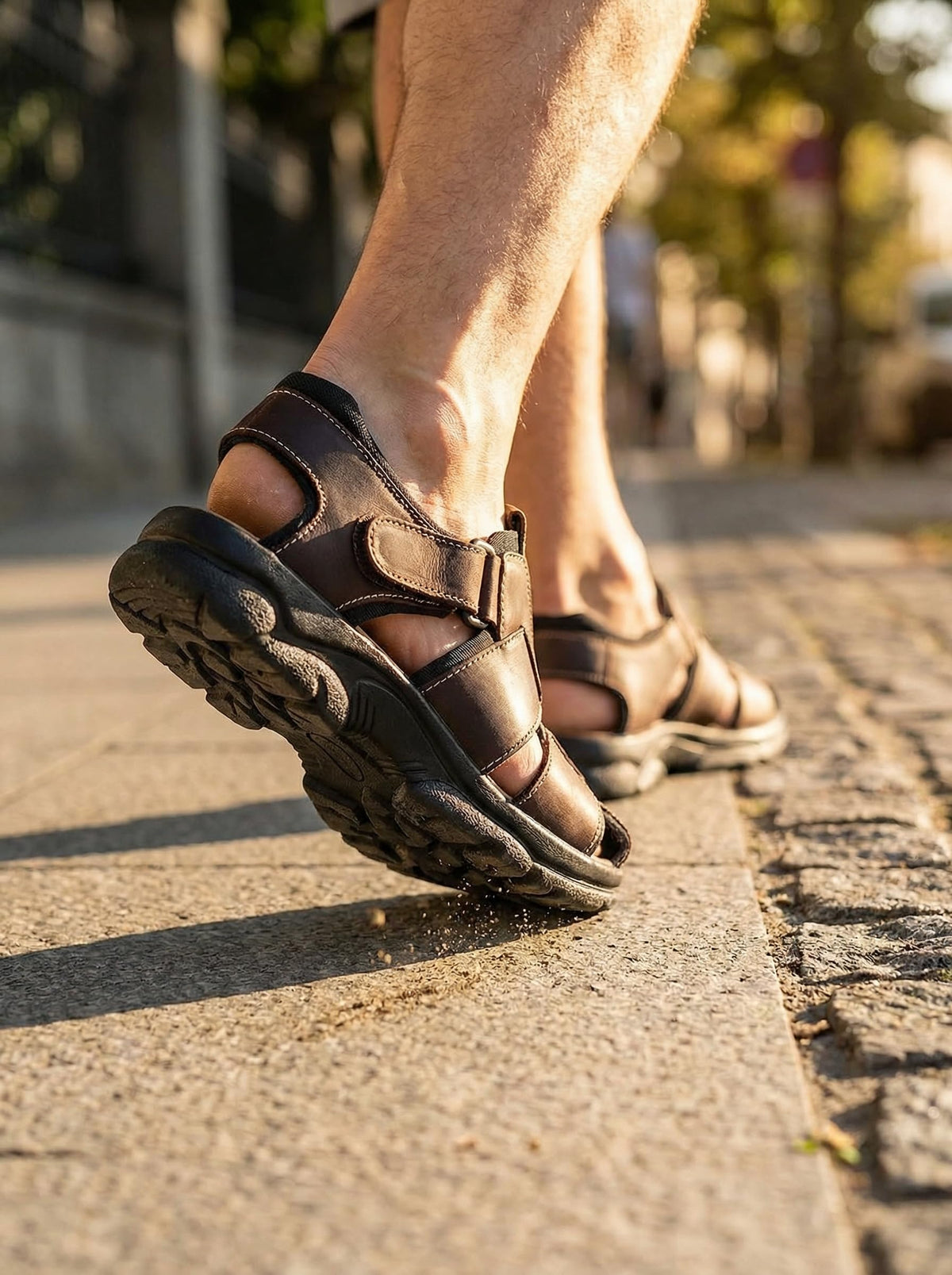NOESLOMISMO BY DILEMA Sandalias de Piel para Hombre con Cierre de Velcro | Calzado Abierto Antideslizante Estilo Cangrejera para Caminar en Verano | Confort Ergonómico Hecho en España - Marron