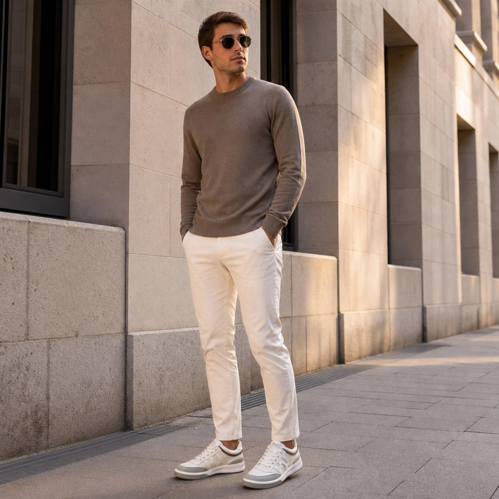 Zapatillas Hombre de Piel Casual con Cordones, Blanco y Gris - Blanco