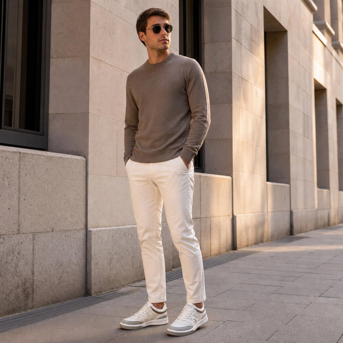 Zapatillas Hombre de Piel Casual con Cordones, Blanco y Gris - Blanco