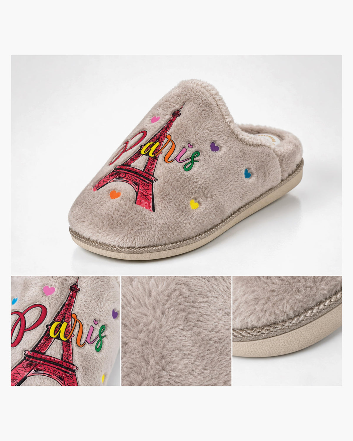 Zapatillas de Casa Mujer de Felpa para Invierno, Gris con Estampado París - Gris