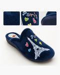 Zapatillas de Casa Mujer de Felpa para Invierno, Marino con Estampado París - Azul