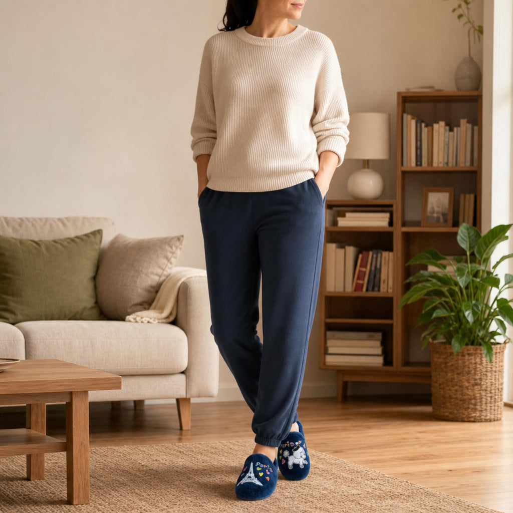 Zapatillas de Casa Mujer de Felpa para Invierno, Marino con Estampado París - Azul
