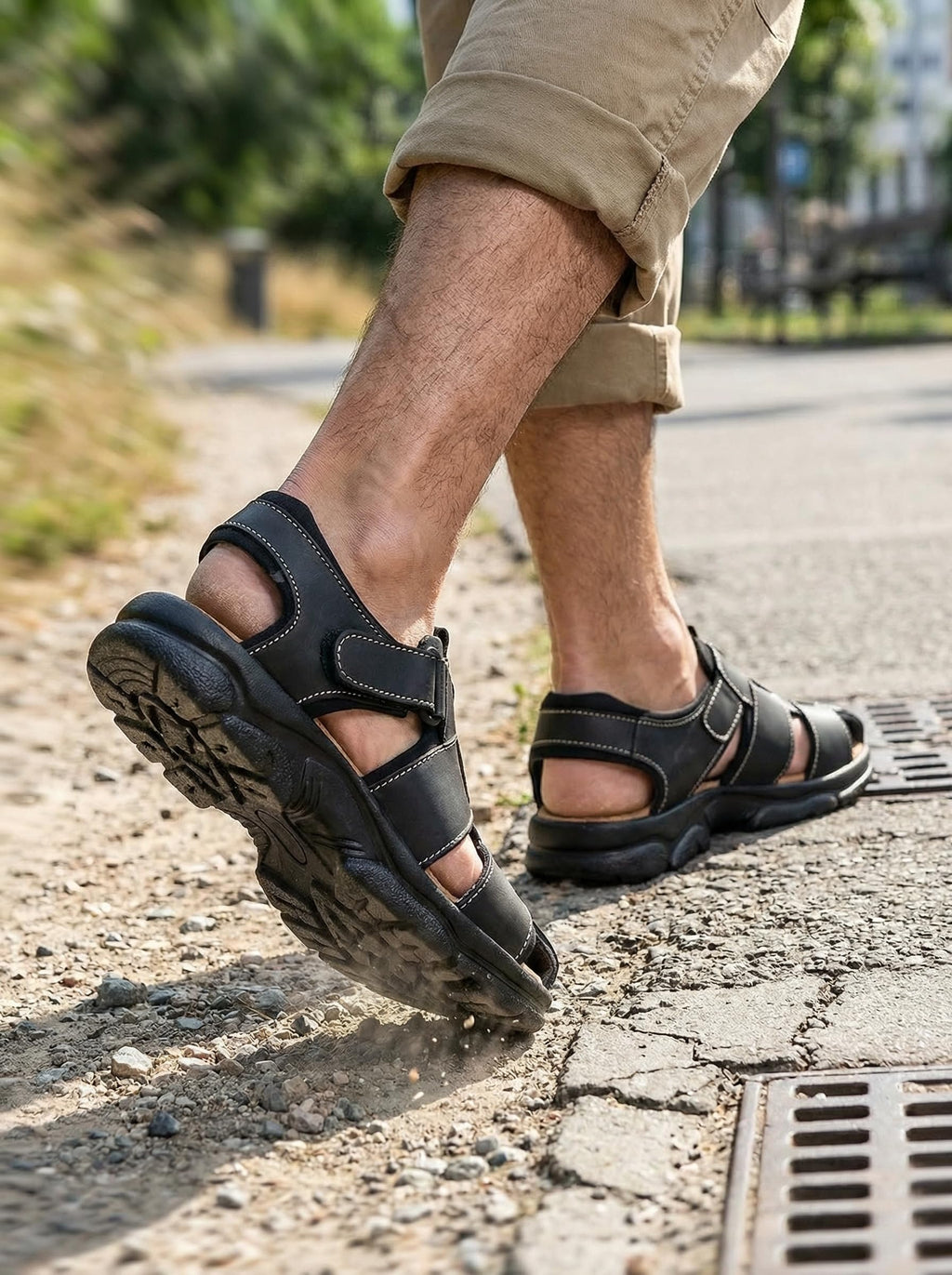 NOESLOMISMO BY DILEMA Sandalias de Piel para Hombre con Cierre de Velcro | Calzado Abierto Antideslizante Estilo Cangrejera para Caminar en Verano | Confort Ergonómico Hecho en España - Negro