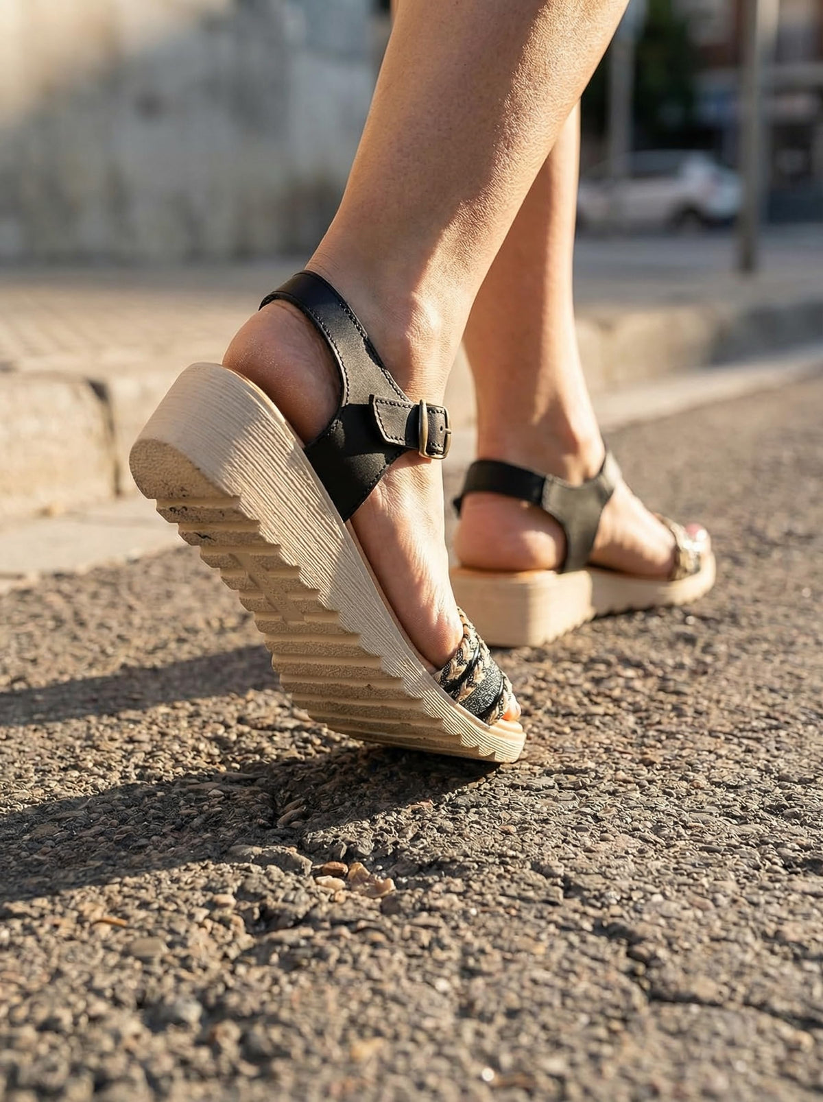 NOESLOMISMO BY DILEMA Sandalias de Cuña Baja para Mujer, Plantilla de Piel Hechas en España, Diseño Ergonómico con Cierre de Hebilla y Suela Antideslizante para Uso Casual en Verano - Negro