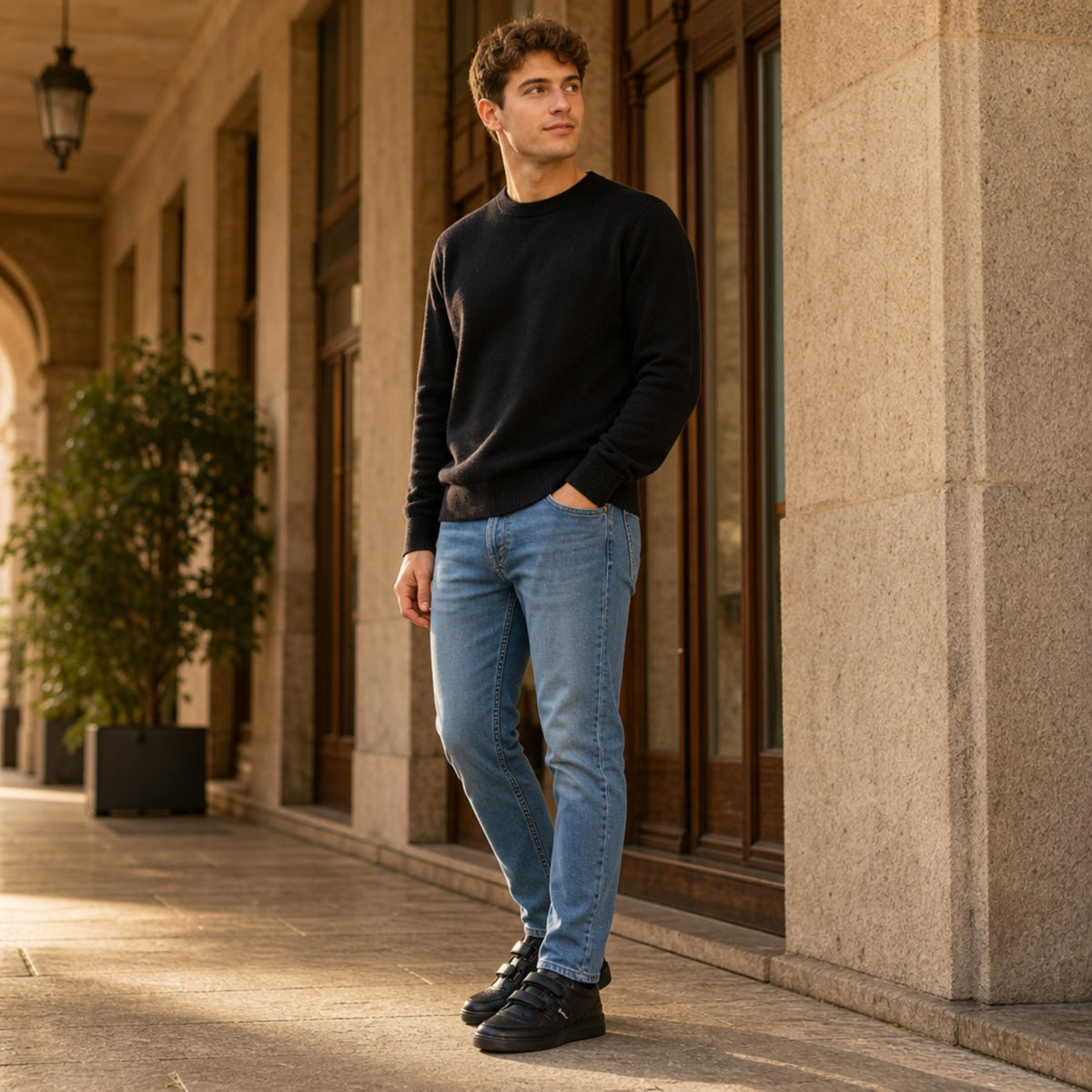 Zapatillas Hombre de Piel con Cierre Autoadherente - Negro