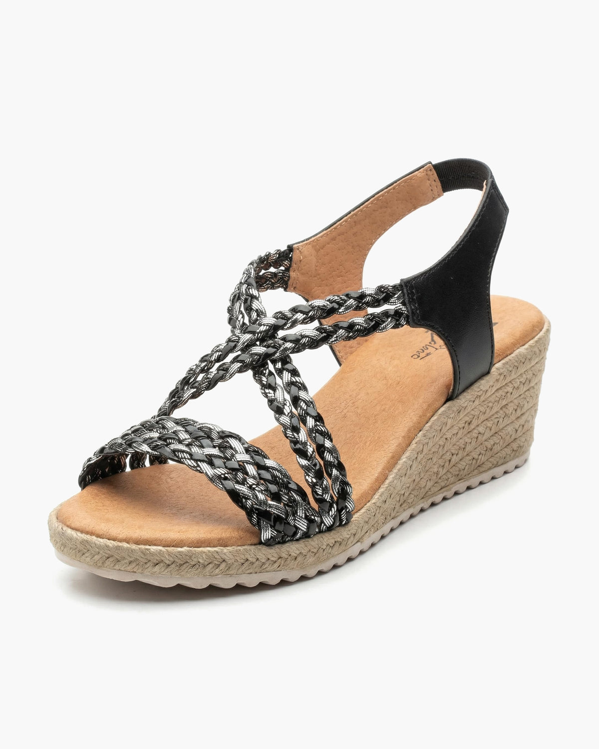 NOESLOMISMO BY DILEMA Sandalias de Cuña de Yute para Mujer Hechas en España - Tiras Trenzadas Metalizadas con Plantilla Ergonómica - Calzado Cómodo y Antideslizante para Uso Diario y Vacaciones - Negro-Plata