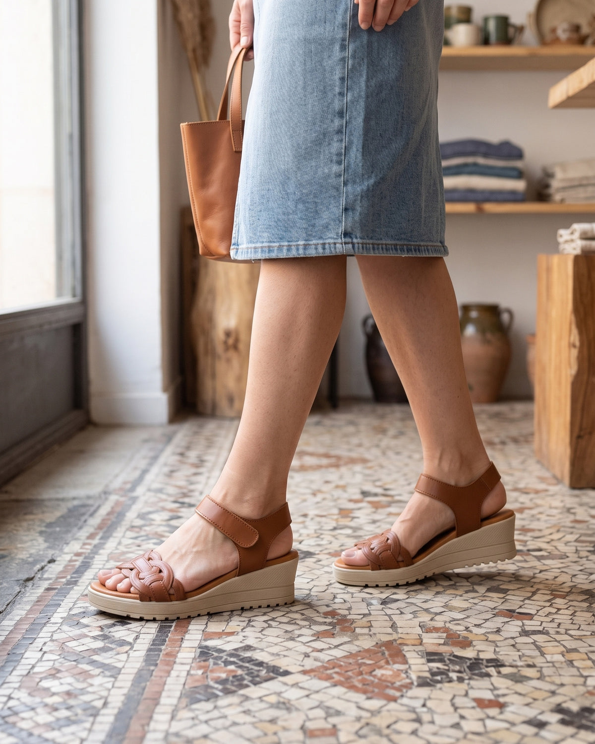 Lifestyle sin rostros — Sandalias de Mujer de Piel con Cuña y Pala Perforada – Cuero