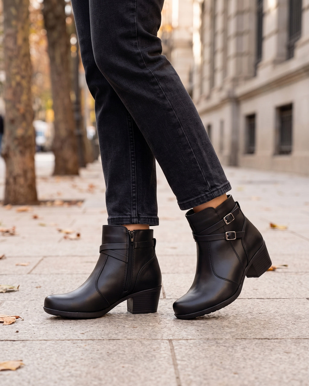 Lifestyle sin rostros — Botines de Mujer de Piel con Tacón Cuadrado y Cremallera – Negro