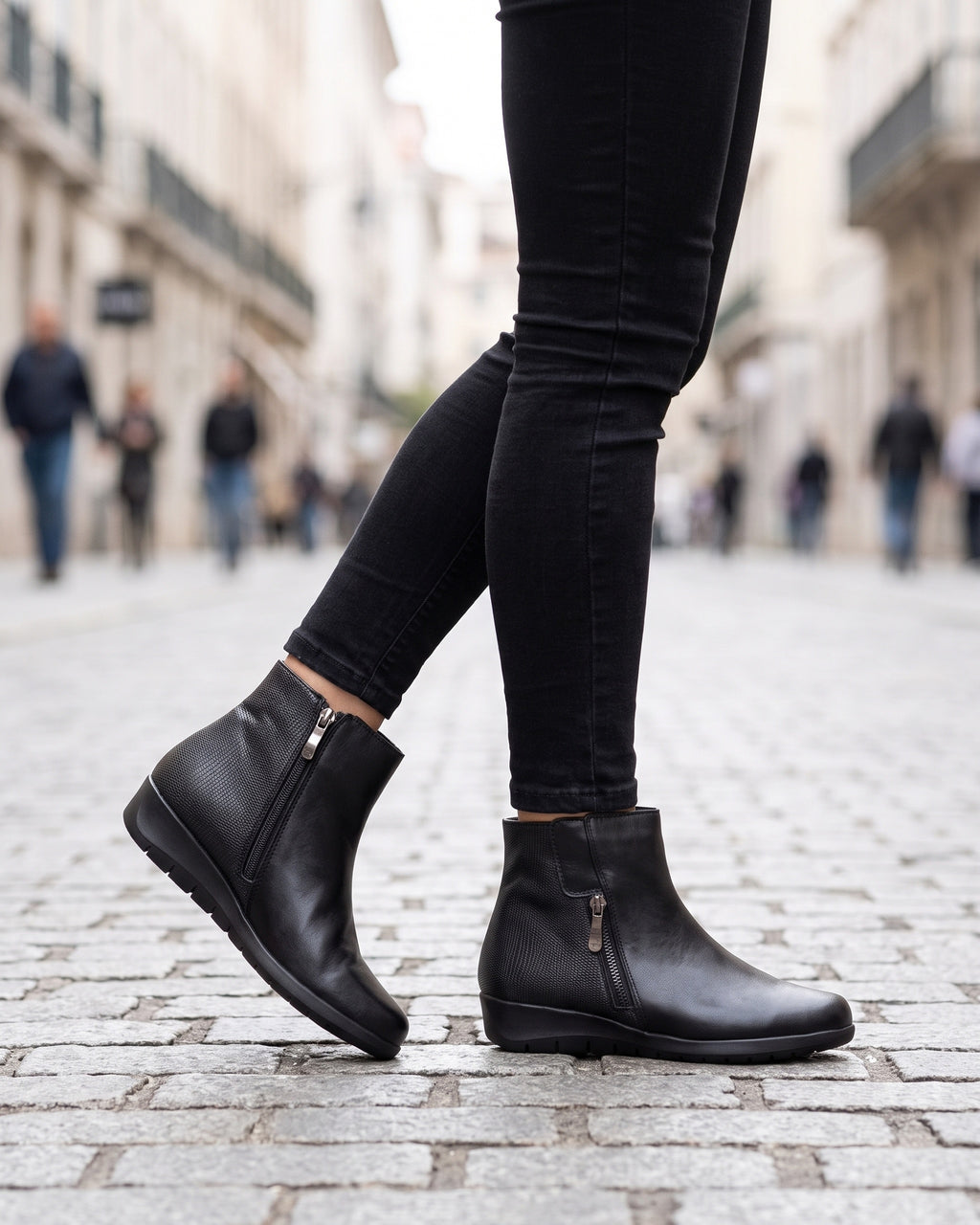 Lifestyle sin rostros — Botines de Mujer de Piel con Cuña de 5,5 cm y Cremallera – Negro