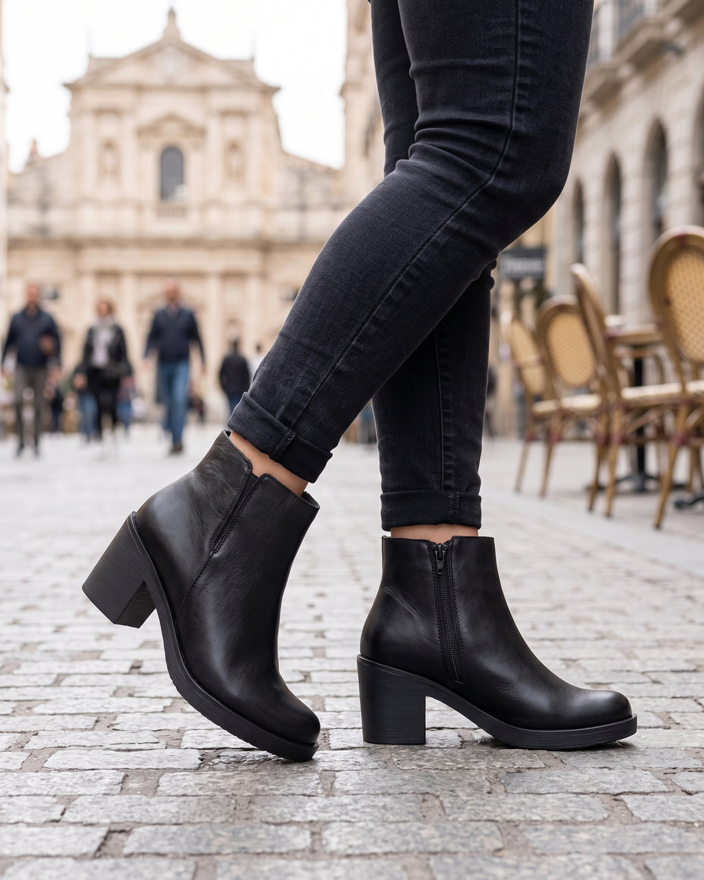 Lifestyle sin rostros — Botines de Mujer de Piel con Tacón y Plataforma – Negro