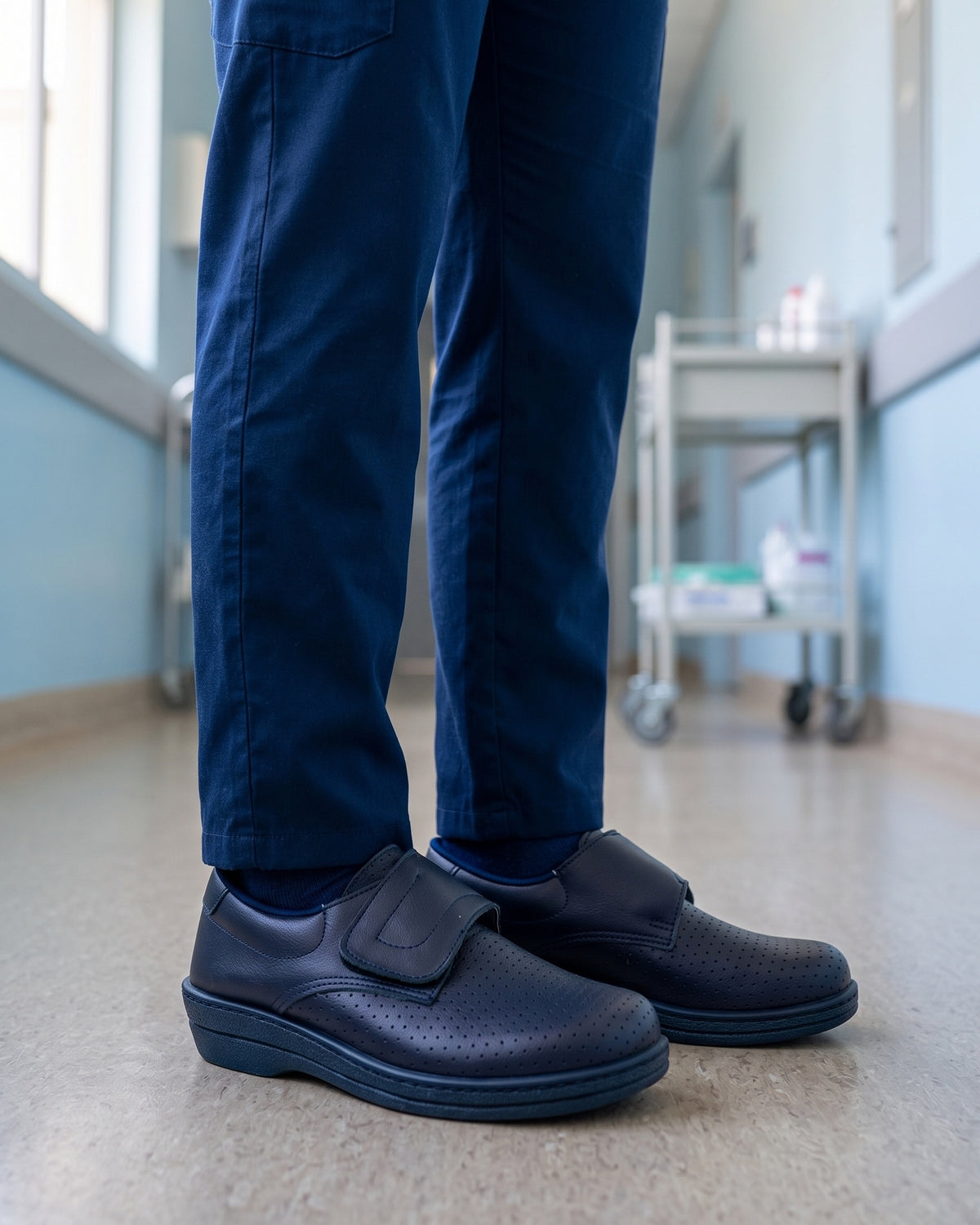 Lifestyle sin rostros — Zuecos Sanitarios de Piel con Cierre Adherente – Azul