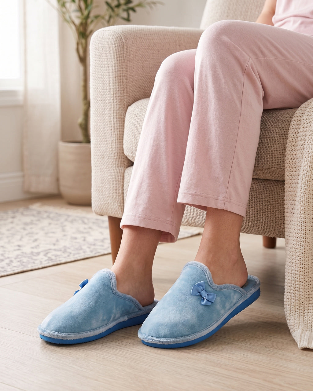 Lifestyle sin rostros — Zapatillas de Casa para Mujer de Pelo con Lazo – Azul