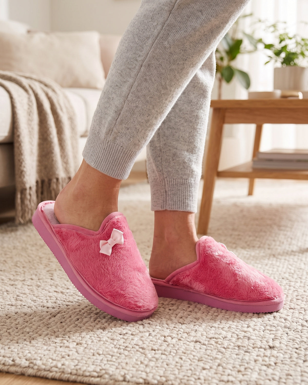 Lifestyle sin rostros — Zapatillas de Casa para Mujer de Pelo con Lazo – Rosa